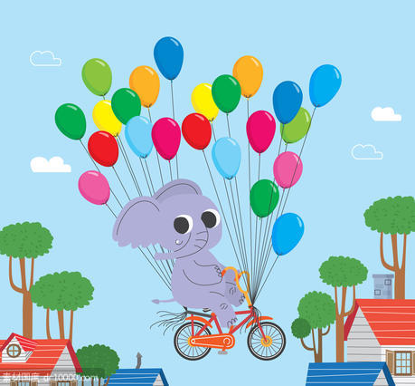 气球束 天空 可爱 气球 单车 大象 树木 云朵 房屋 矢量图 - 源文件