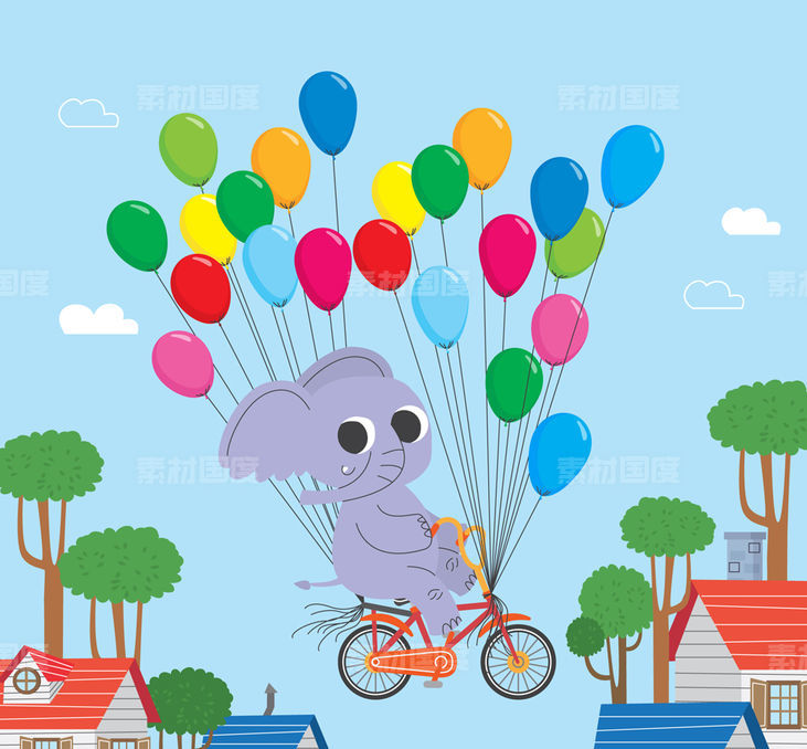 气球束 天空 可爱 气球 单车 大象 树木 云朵 房屋 矢量图