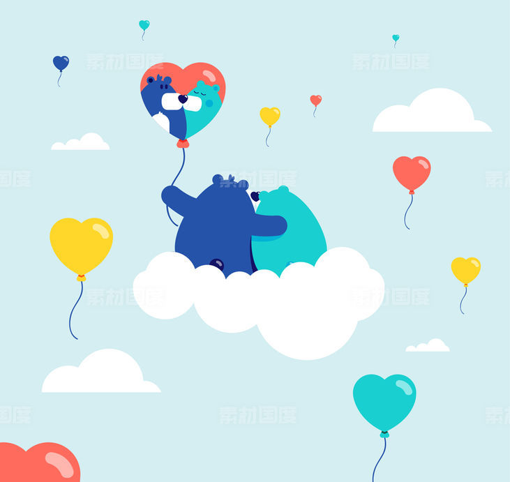 爱心 气球 亲吻 背影 云 情侣 熊 矢量图