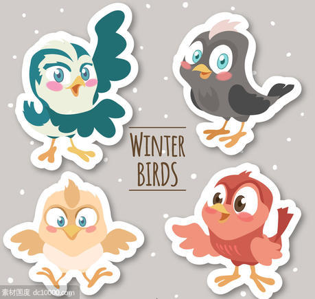 雪花 动物 鸟 冬季 卡通 贴纸 矢量图 - 源文件