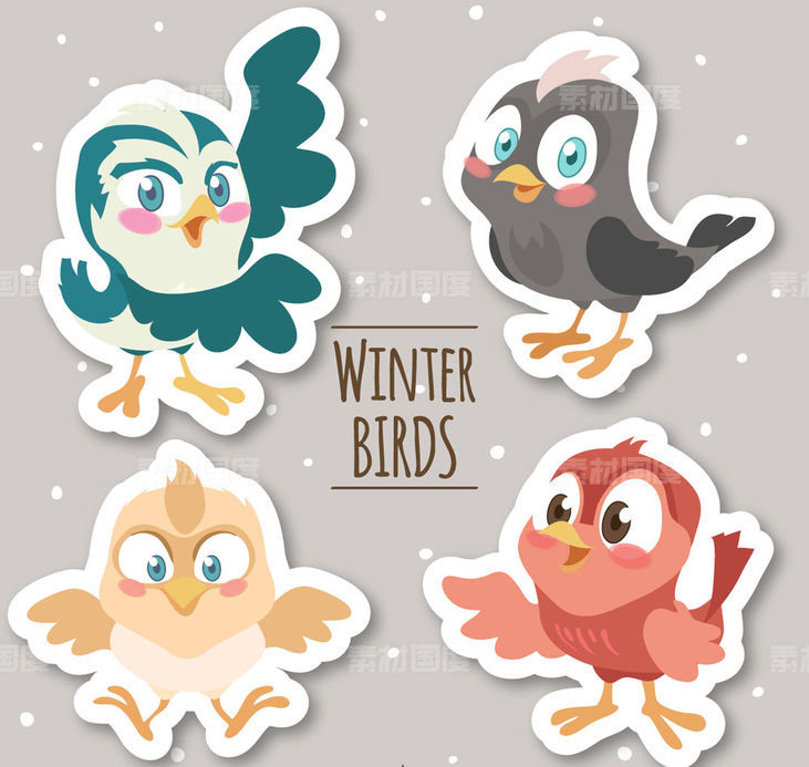 雪花 动物 鸟 冬季 卡通 贴纸 矢量图