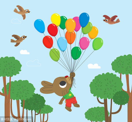可爱 兔子 气球束 树木 云朵 鸟 气球 矢量图 - 源文件