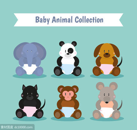 大象 熊猫 狗 猴子 老鼠 猫 坐姿 动物 宝宝 矢量图 - 源文件