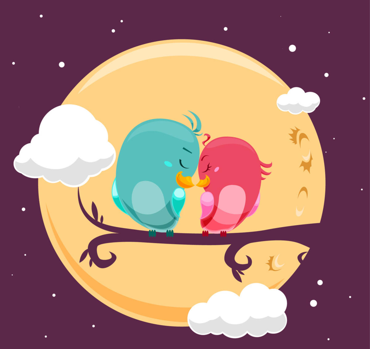 月亮 云朵 夜晚 树枝 情侣 鸟 矢量图