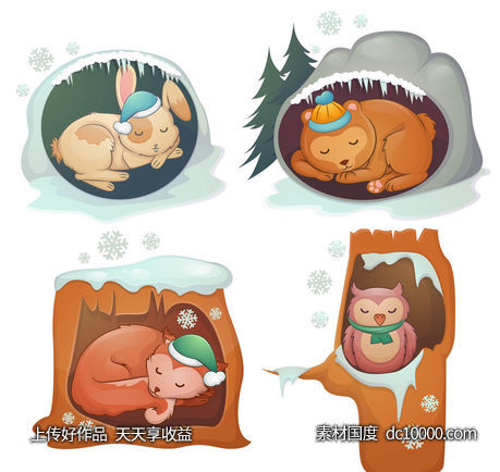 兔子 熊 狐狸 猫头鹰 雪花 松树 冬眠,动物 矢量图 - 源文件