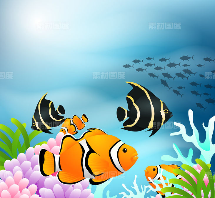创意 海底 大海 珊瑚 水草 鱼群 热带鱼 小丑鱼 神仙鱼 矢量图