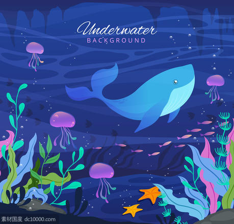 创意 海底 鱼群 鲸鱼 水母 海草 珊瑚 海星 气泡 大海 矢量图 - 源文件