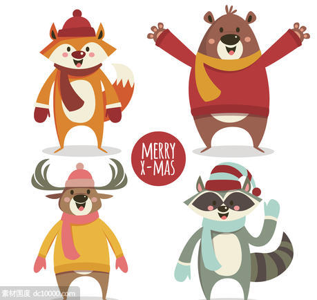 狐狸 熊 浣熊 驯鹿 冬季 森林 动物 圣诞节 矢量图 - 源文件