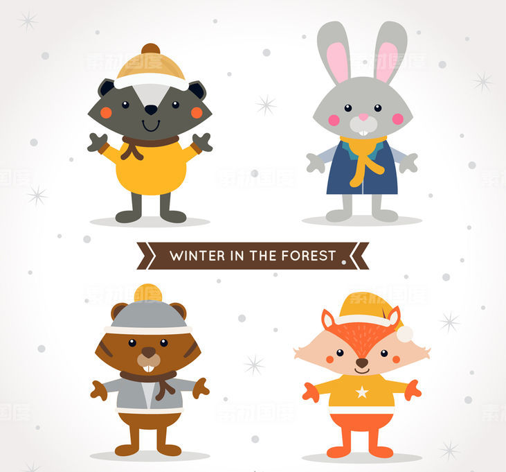 浣熊 兔子 松鼠 狐狸 冬装 森林 动物 冬装 矢量图