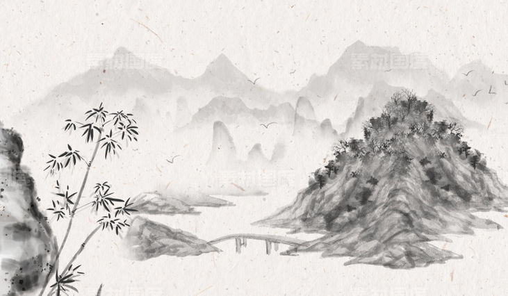 中式水墨水彩山水画海报