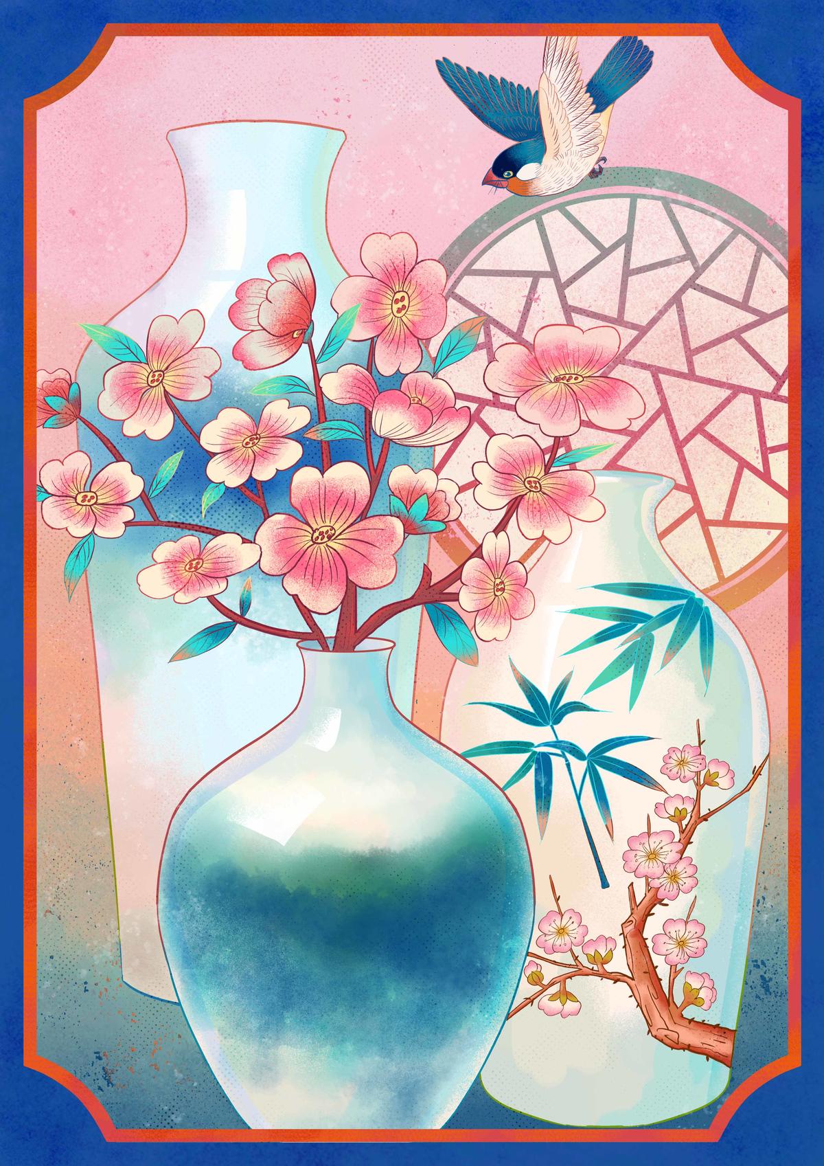 中国风 瓷瓶 插花 花窗 