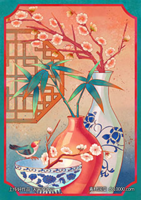 梅花 竹子 花瓶 中国风 噪点 插画-源文件-素材国度dc10000.com