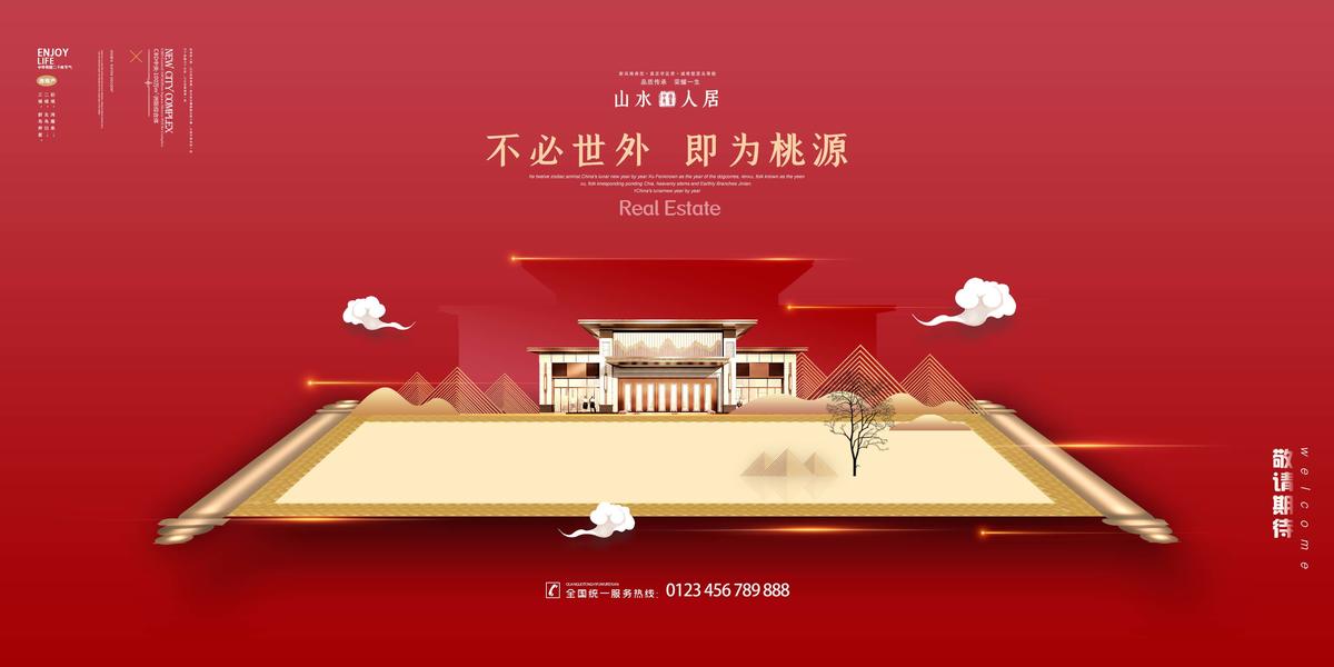 喜庆简约红色大气房地产楼盘展板图片
