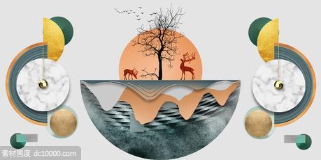 抽象麋鹿山水几何图形装饰画 - 源文件