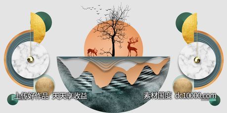 抽象麋鹿山水几何图形装饰画-源文件-素材国度dc10000.com