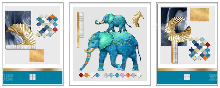 抽象珐琅彩大象几何图形装饰画