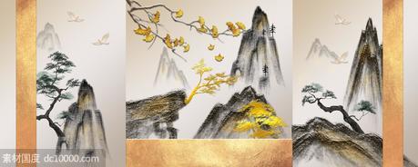 中式山水线条银杏叶国画装饰画 - 源文件