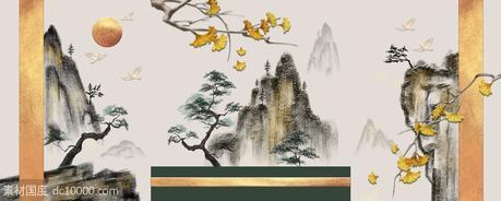 中式山水线条国画装饰画 - 源文件