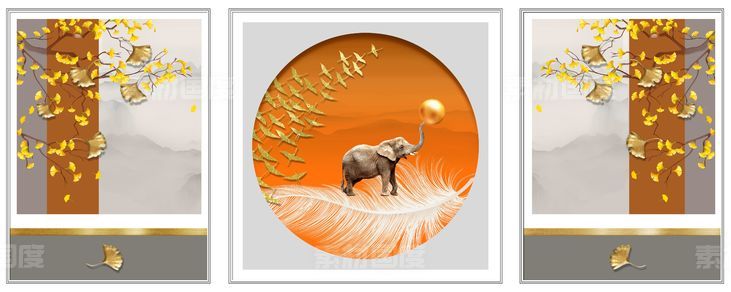 抽象大象银杏叶装饰画