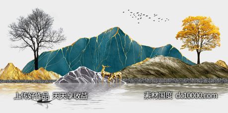金色麋鹿发财鹿装饰画-源文件-素材国度dc10000.com