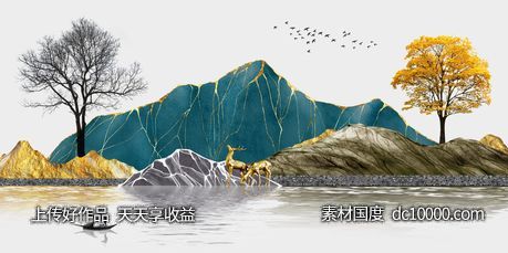 金色麋鹿发财鹿装饰画 - 源文件