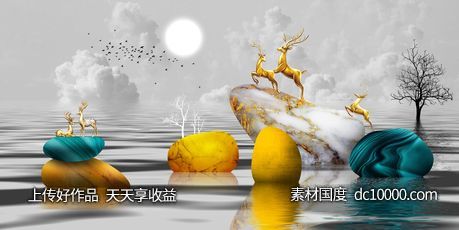 金色麋鹿发财鹿晶瓷画 - 源文件