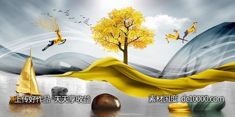 金色麋鹿发财鹿装饰画-源文件-素材国度dc10000.com