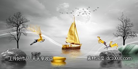金色麋鹿发财鹿装饰画-源文件-素材国度dc10000.com