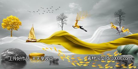 金色麋鹿发财鹿装饰画-源文件-素材国度dc10000.com