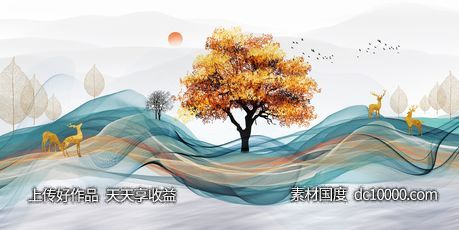 金色麋鹿发财鹿晶瓷画 - 源文件