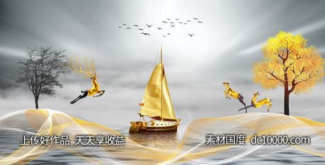 金色麋鹿发财鹿装饰画-源文件-素材国度dc10000.com