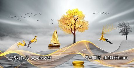 金色麋鹿发财鹿装饰画-源文件-素材国度dc10000.com