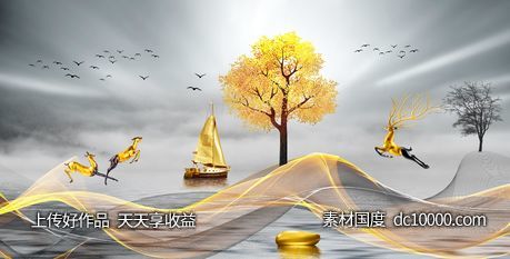 金色麋鹿发财鹿装饰画 - 源文件