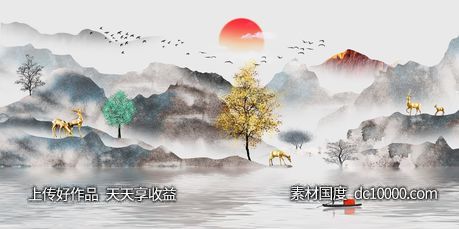 金色麋鹿发财鹿装饰画-源文件-素材国度dc10000.com