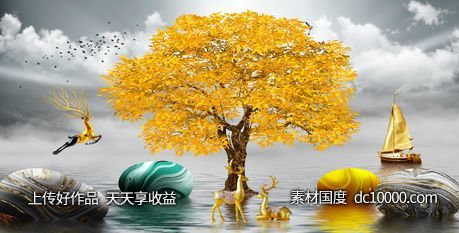 金色麋鹿发财鹿装饰画-源文件-素材国度dc10000.com