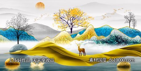 金色麋鹿发财鹿装饰画-源文件-素材国度dc10000.com