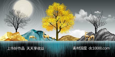 金色麋鹿发财鹿装饰画-源文件-素材国度dc10000.com
