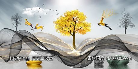 金色麋鹿发财鹿装饰画-源文件-素材国度dc10000.com