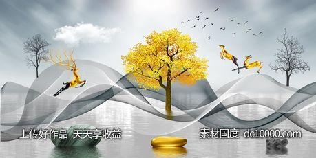 金色麋鹿发财鹿装饰画-源文件-素材国度dc10000.com