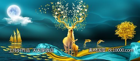 金色麋鹿山水发财鹿装饰画-源文件-素材国度dc10000.com