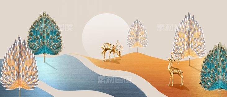金色麋鹿发财鹿装饰画
