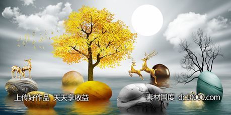 金色麋鹿山水发财鹿晶瓷画-源文件-素材国度dc10000.com