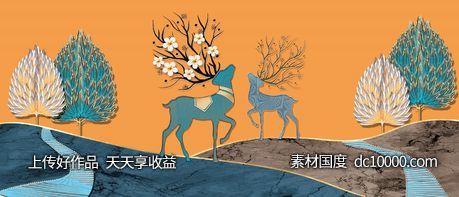金色麋鹿发财鹿装饰画-源文件-素材国度dc10000.com