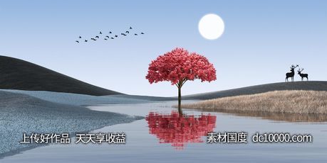 麋鹿发财鹿装饰画 - 源文件