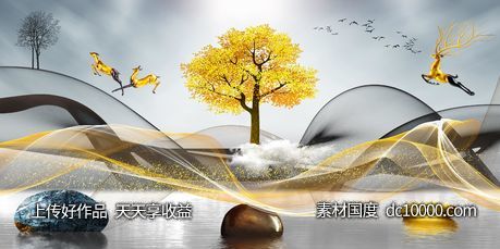 金色麋鹿发财鹿装饰画-源文件-素材国度dc10000.com