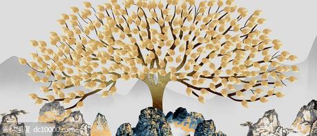 金色山水发财树装饰画 - 源文件