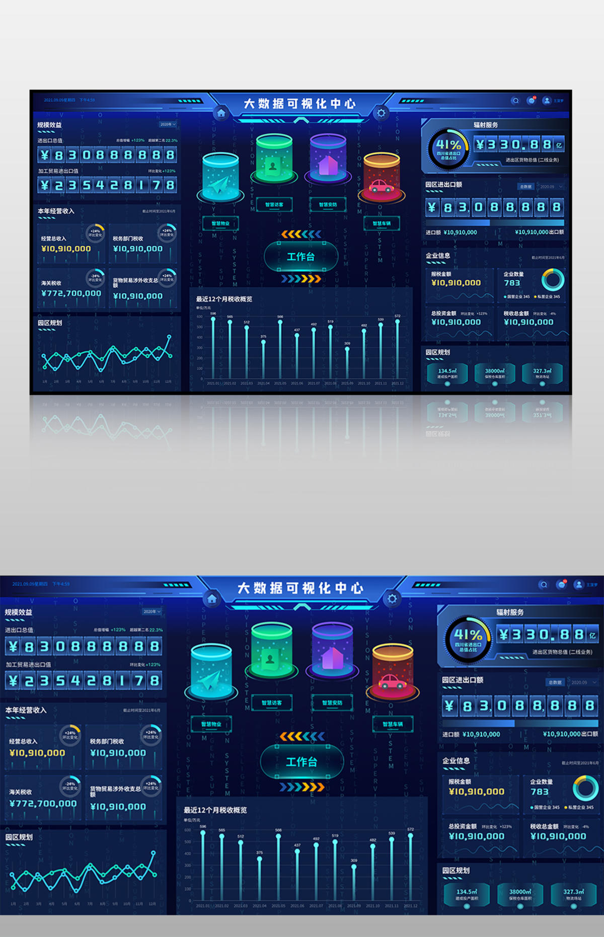 科技感可视化大数据智慧税务统计大屏展示平台 包含sketch+AI+EPS格式