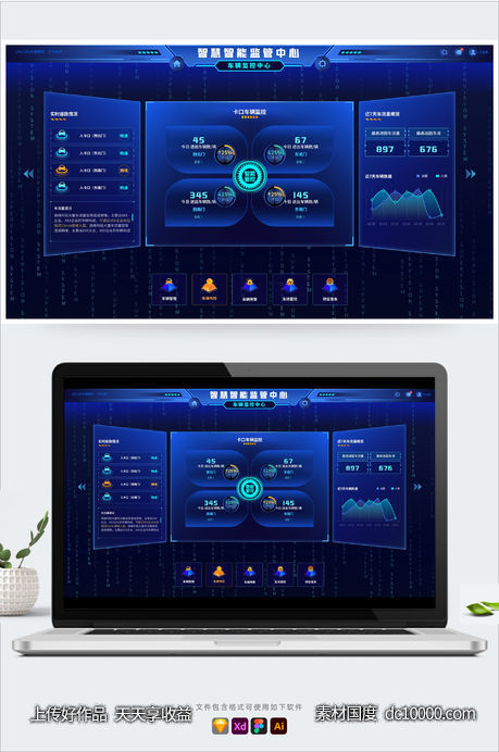大数据可视化蓝色科技智慧车辆大屏后台统计UI-源文件-素材国度dc10000.com