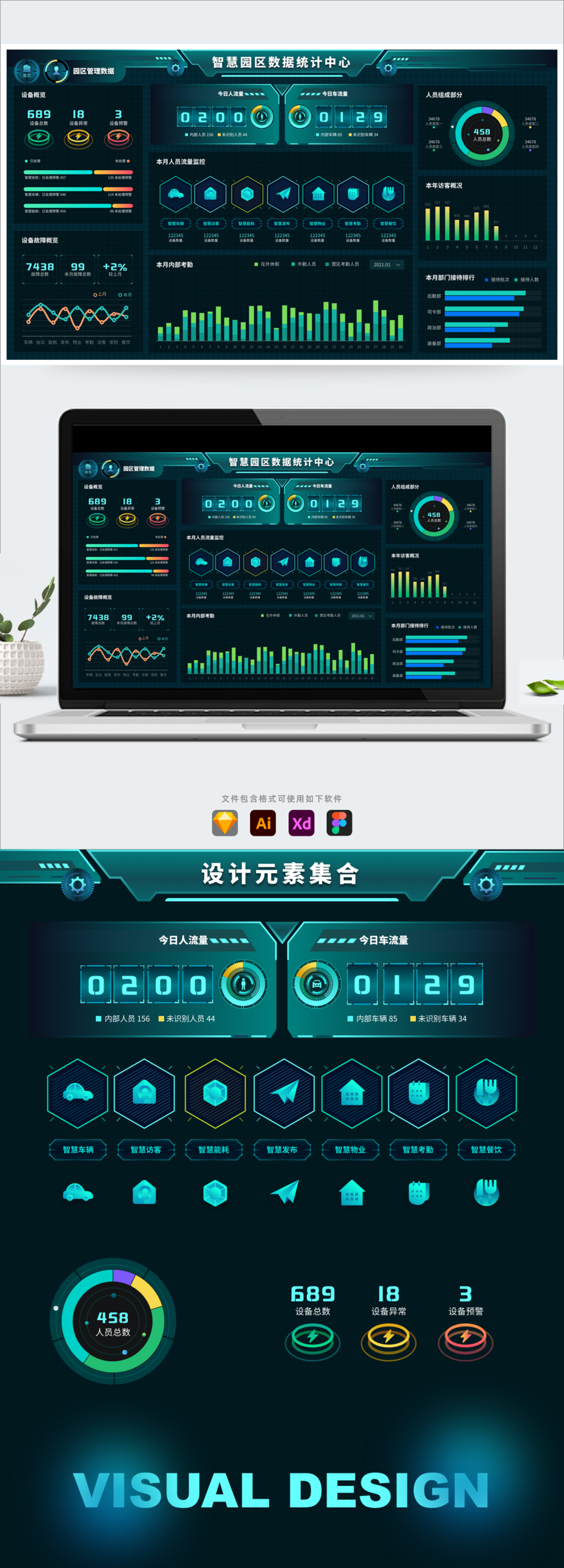 智慧监管大数据可视化统计UI首页暗黑系科技风