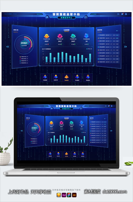 大数据可视化蓝色科技智慧车辆大屏后台统计UI数字首页-源文件-素材国度dc10000.com